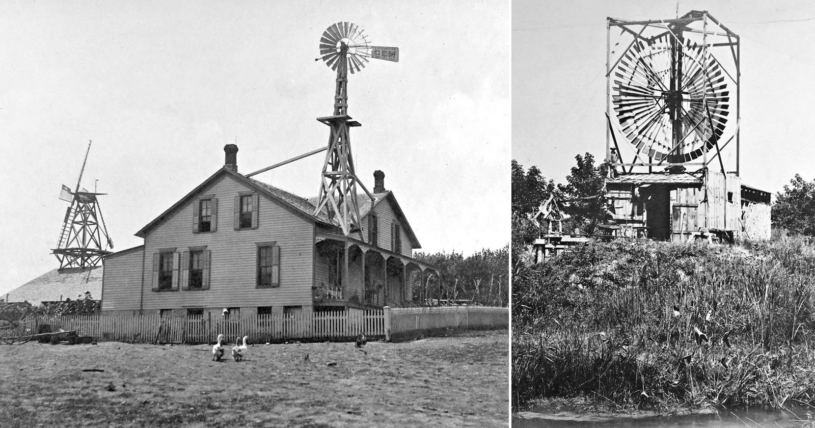 A vintage black and white image featuring two separate scenes. Left: A farmhouse with a windmill on the roof. Right: A large wooden windmill structure stands alone on a grassy hill. Both images capture rural settings.