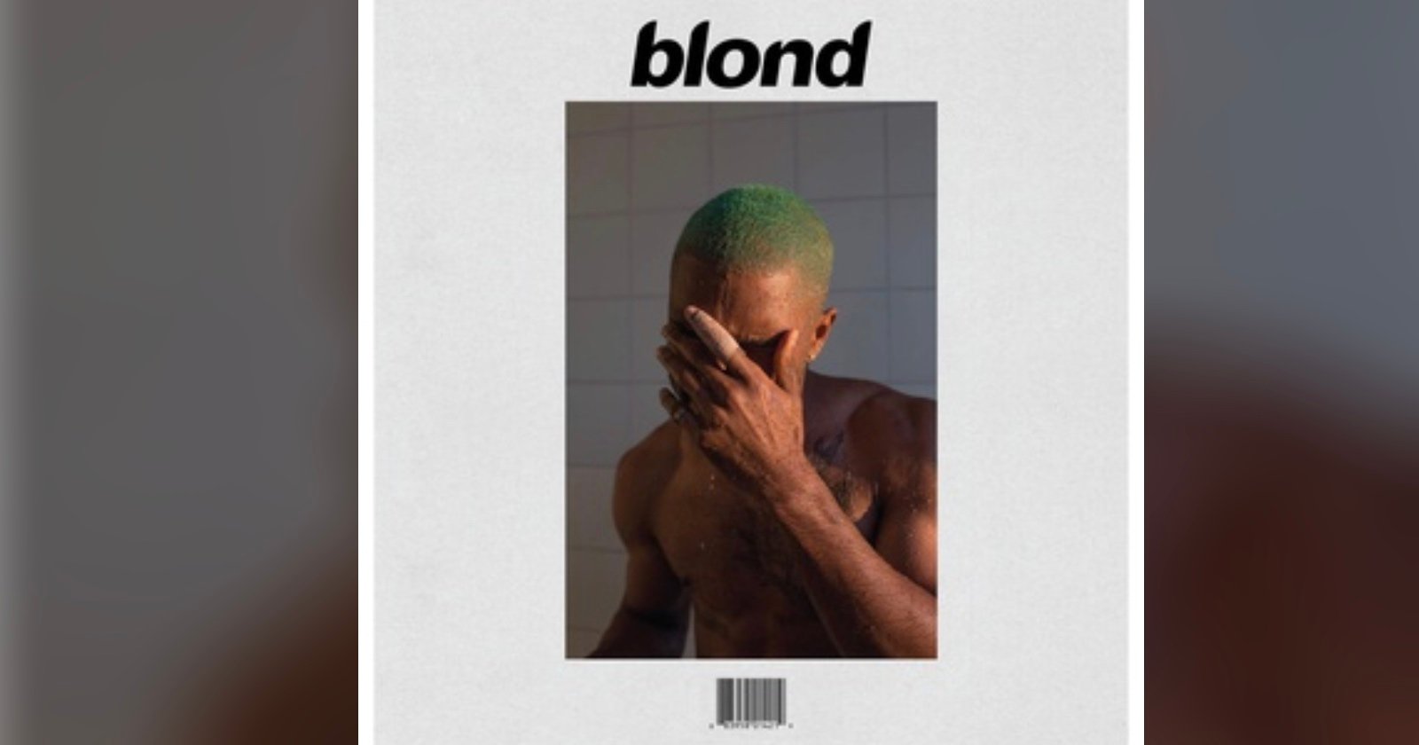 A shirtless person with short green hair covers their face with one hand, standing against a tiled background. The word blond is written above, resembling an album cover design.