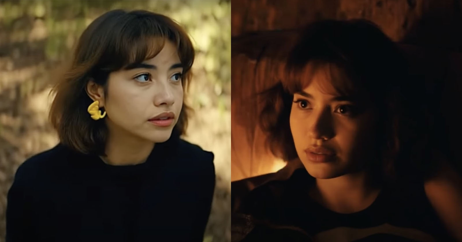 Split image of a woman with short brown hair. Left: She looks thoughtful outdoors, wearing a black top and yellow flower earrings. Right: She appears pensive indoors, illuminated by warm light, with a shadowy background.