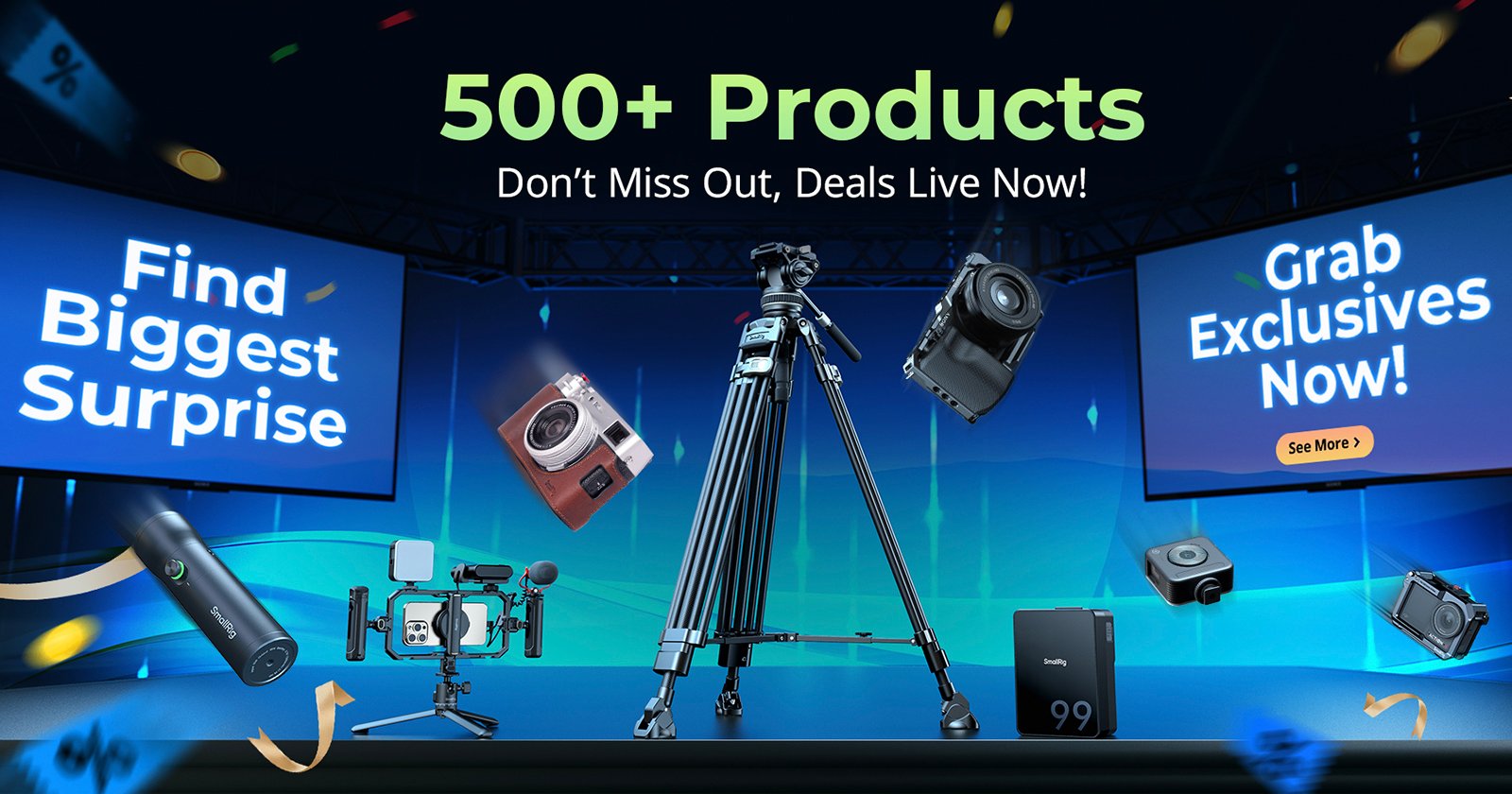 Promotional graphic showing photography equipment like cameras, tripods, and lights. Text reads 500+ Products, Don’t Miss Out, Deals Live Now! with banners saying Find Biggest Surprise and Grab Exclusives Now!.