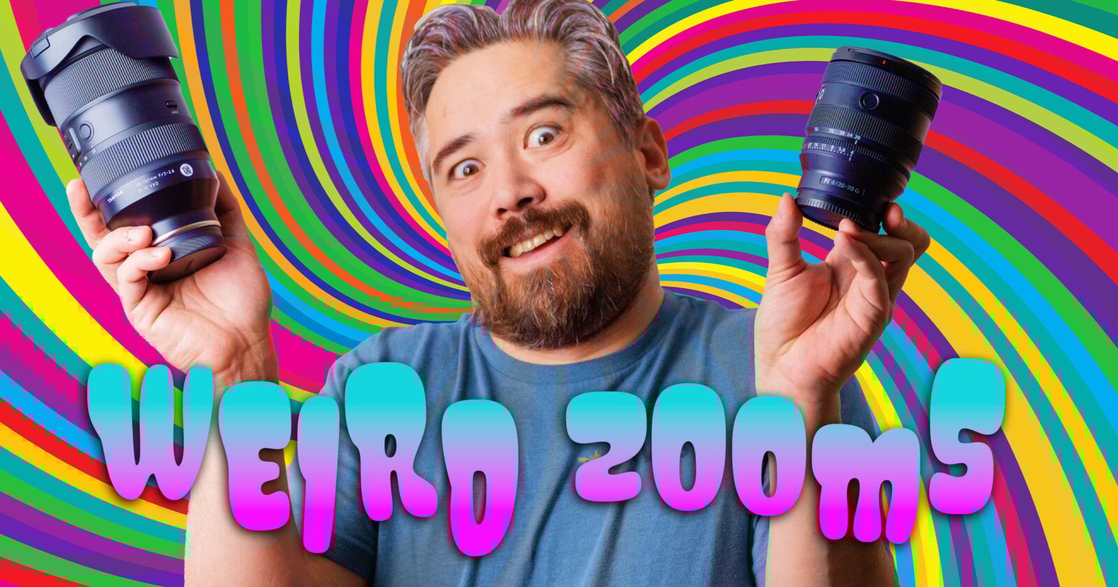 A person with a beard smiles while holding two camera lenses against a colorful, swirling background. The text WEIRD ZOOMS is displayed in bold, multicolored letters.
