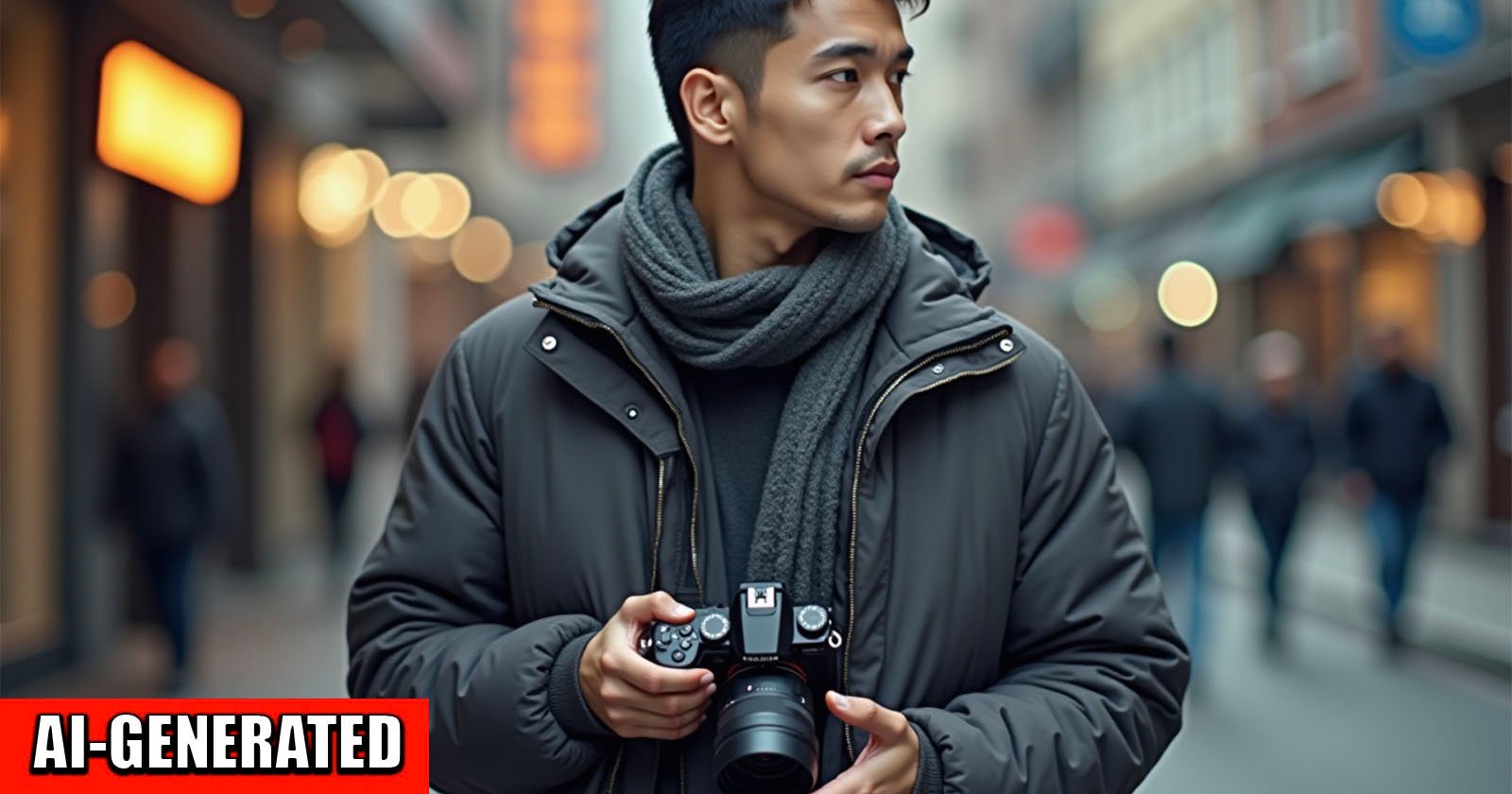 A man wearing a dark jacket and scarf holds a camera while standing on a city street. The background is blurred with lights and people. A red AI-GENERATED label appears in the bottom left corner.