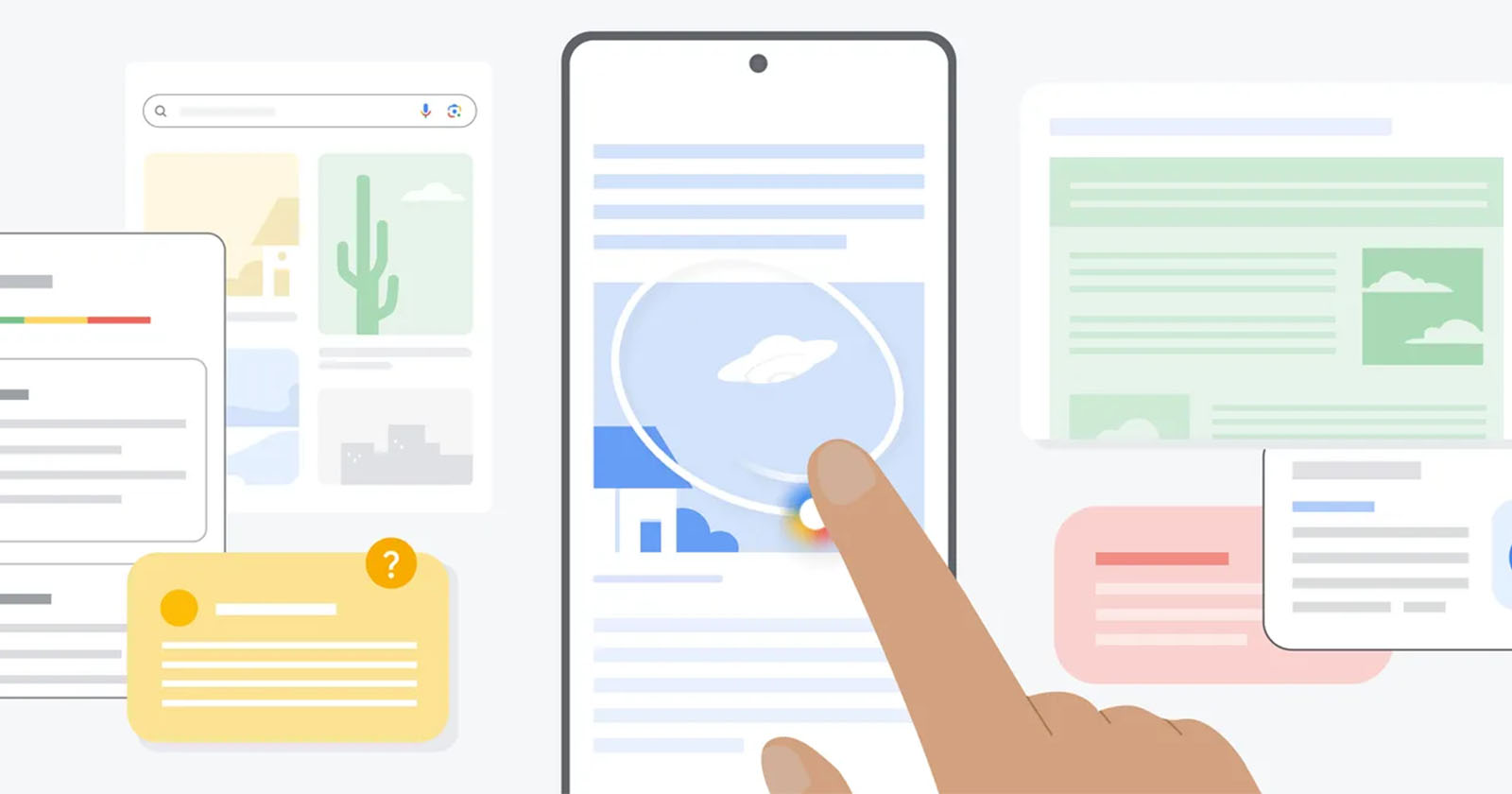 Illustration of a hand touching a smartphone screen displaying a webpage. Surrounding the smartphone are various digital elements, such as text blocks, images, and icons, illustrating an interconnected web of digital information and interactions.