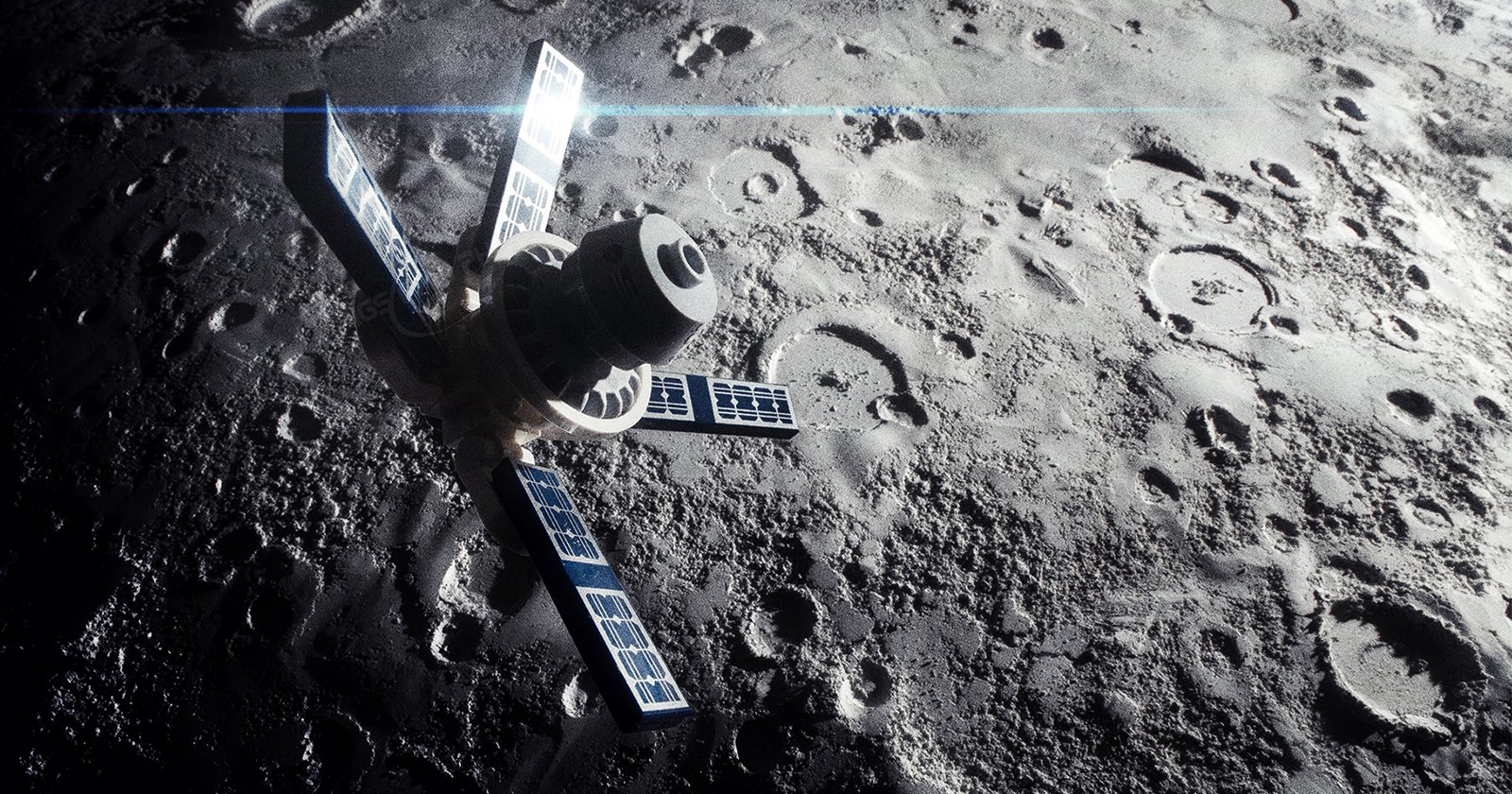 An artificial satellite with four solar panels orbits above the moon's surface, which is covered in craters. The satellite's panels are illuminated by sunlight, and a faint blue flare is visible near the top right of the image.