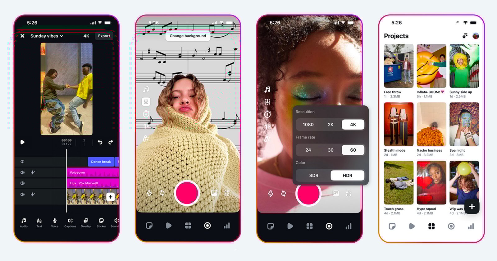 Four smartphone screens display a video editing app: editing a dance video, changing a background with music notes, adjusting a video’s resolution, and viewing a project gallery with various media thumbnails.