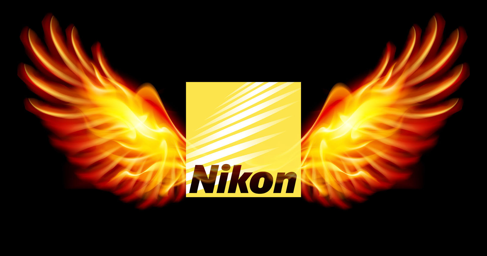 The Nikon logo, featuring stylized white text against a yellow background, is flanked by a pair of vivid, fiery orange wings on a black background.