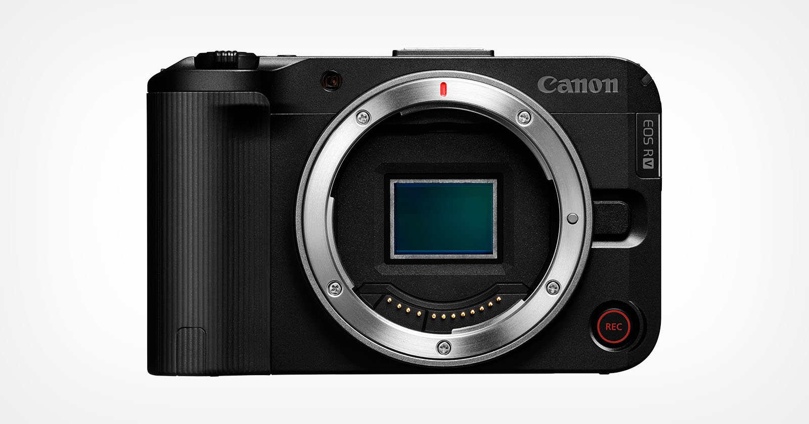 A Canon EOS R5C camera body displayed against a plain background, showcasing its sensor and lens mount. The camera features a prominent grip, various control buttons, and its model name on the side.