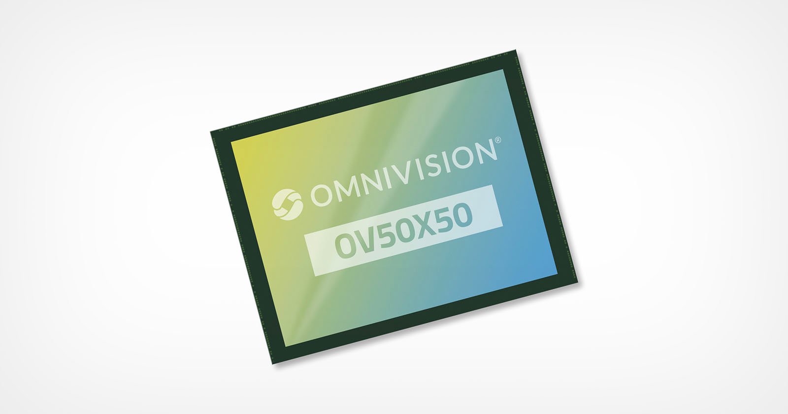 A rectangular electronic chip with a gradient blue and yellow design. The words OmniVision OV50X50 are printed on its surface. The image has a light gray background.