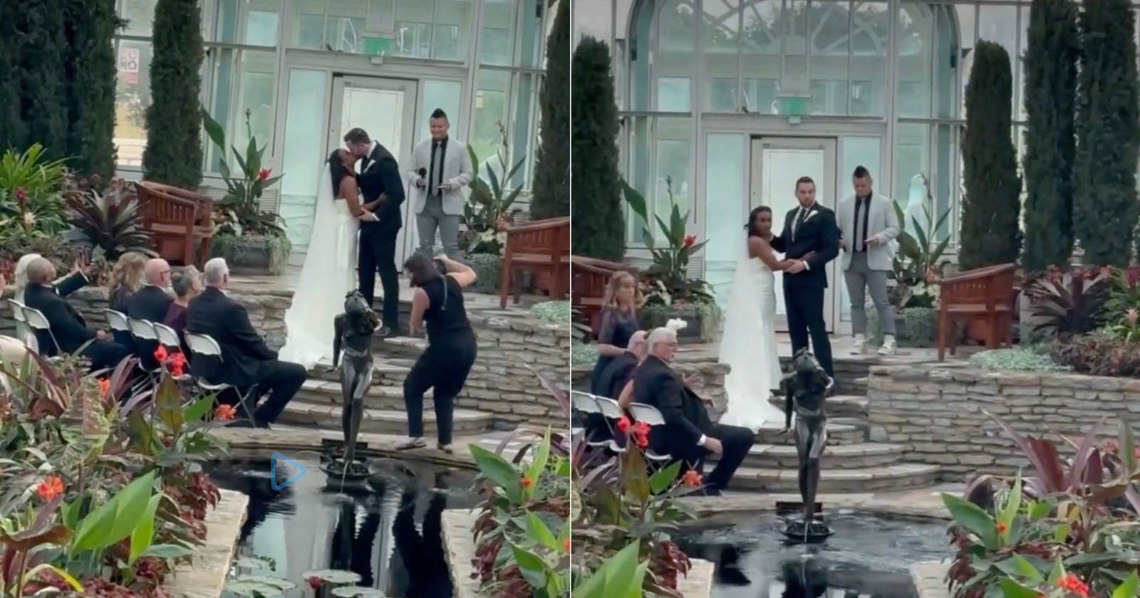 A bride and groom kiss at their indoor wedding ceremony by a pond. A photographer loses balance and falls into the water, causing guests to react in surprise.