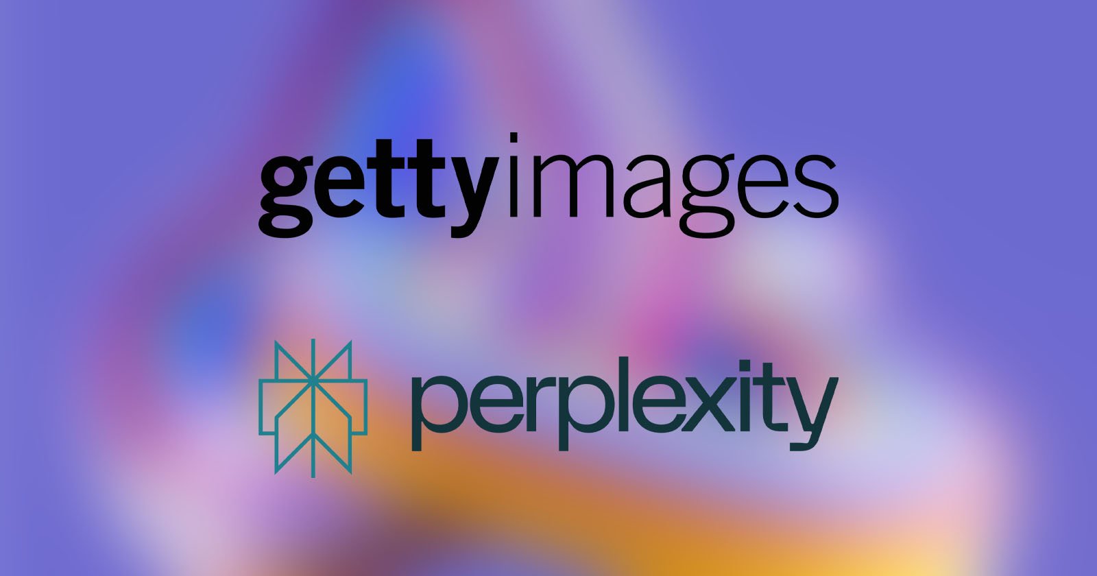 The image shows the logos of Getty Images and Perplexity on a blurred, colorful purple background. The Getty Images logo is black text; the Perplexity logo features a geometric icon and green text.