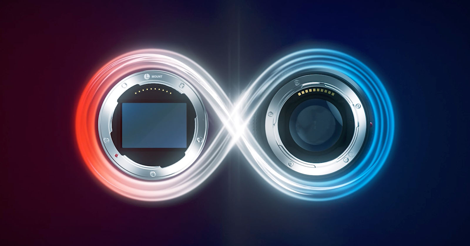 An infinity symbol formed by intersecting red and blue light trails. Within the loops are the front views of two camera lenses, one on each side. The left lens is outlined in red, and the right in blue, against a dark background.