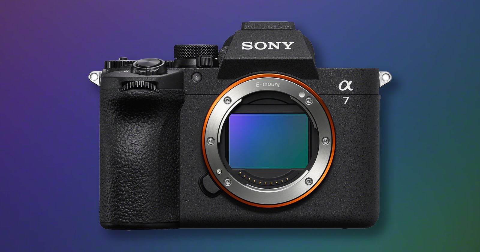 A Sony Alpha 7 mirrorless camera with a black body and no lens attached, shown against a blue and purple gradient background.