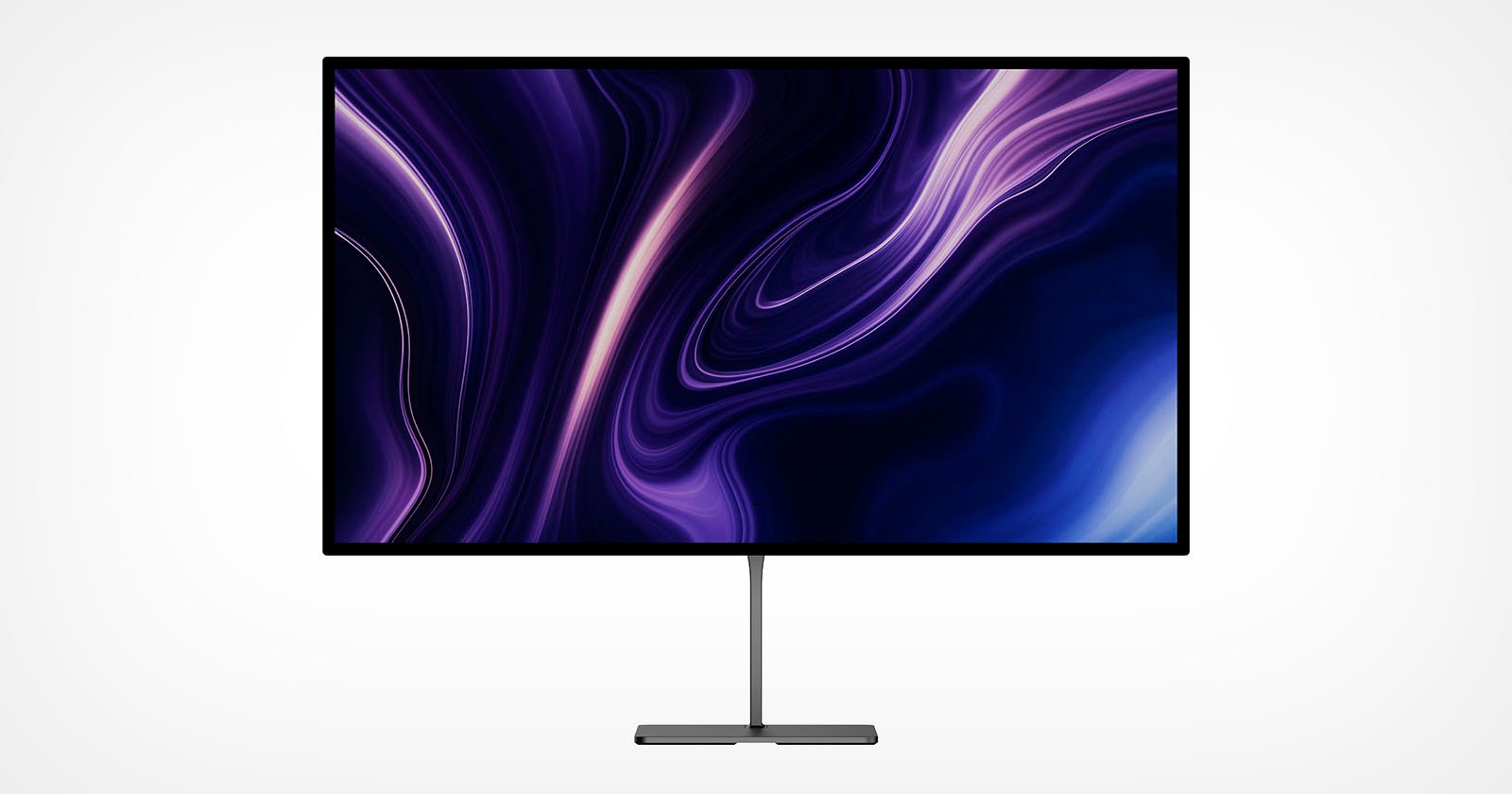 A sleek, modern monitor with a thin stand and bezel, displaying an abstract design of swirling purple and blue hues on the screen, set against a plain white background.