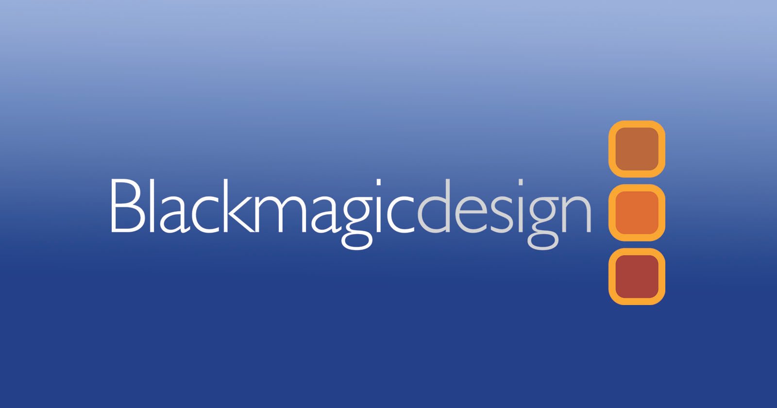 The image features the Blackmagic Design logo on a gradient blue background. The logo consists of the words Blackmagicdesign in white and three stacked orange squares with rounded corners on the right-hand side.
