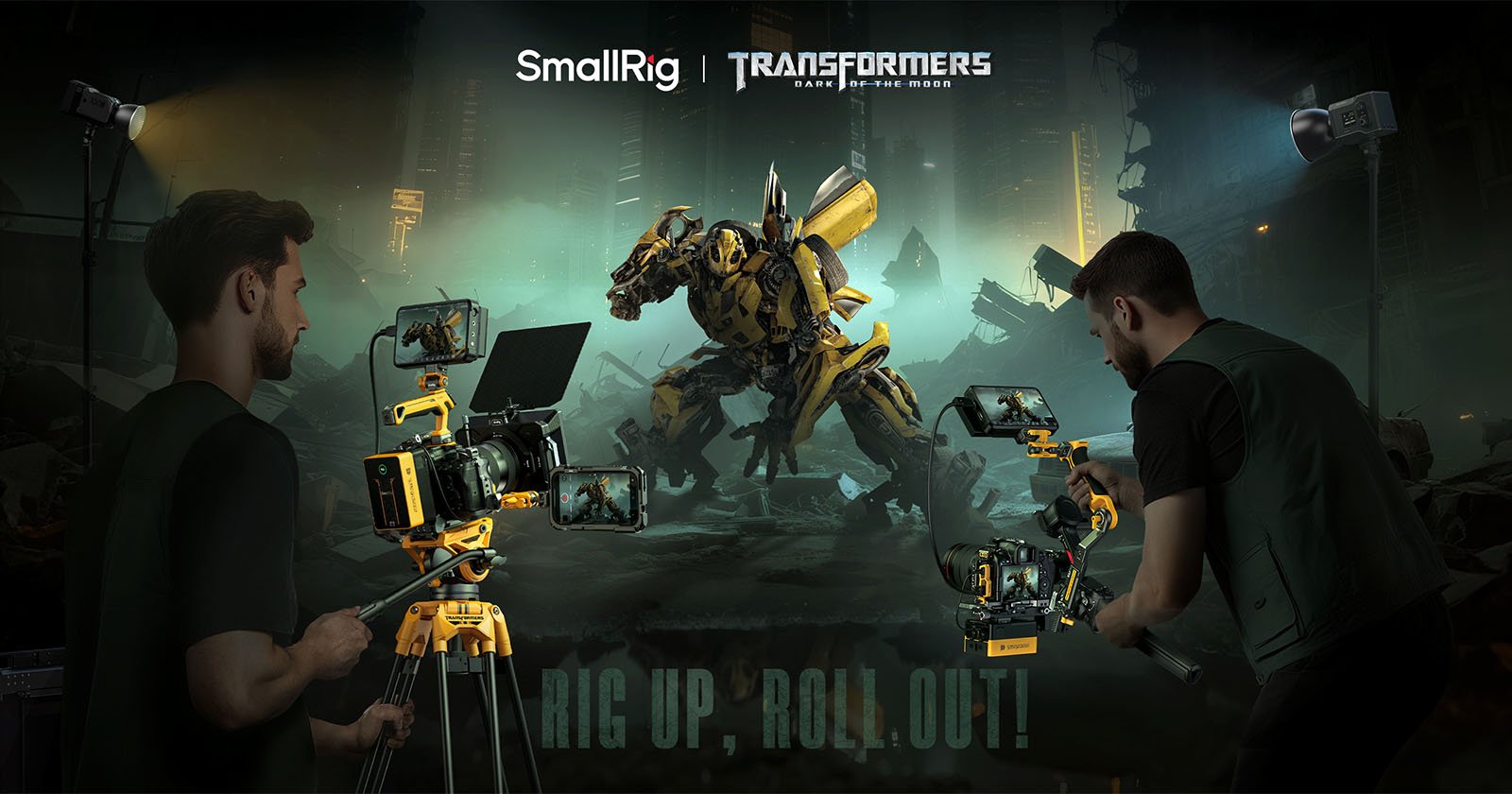 Two filmmakers use camera rigs and equipment to film Bumblebee, a yellow Transformer robot, in a dark, post-apocalyptic city setting. Logos for SmallRig and Transformers are at the top, with RIG UP, ROLL OUT! at the bottom.