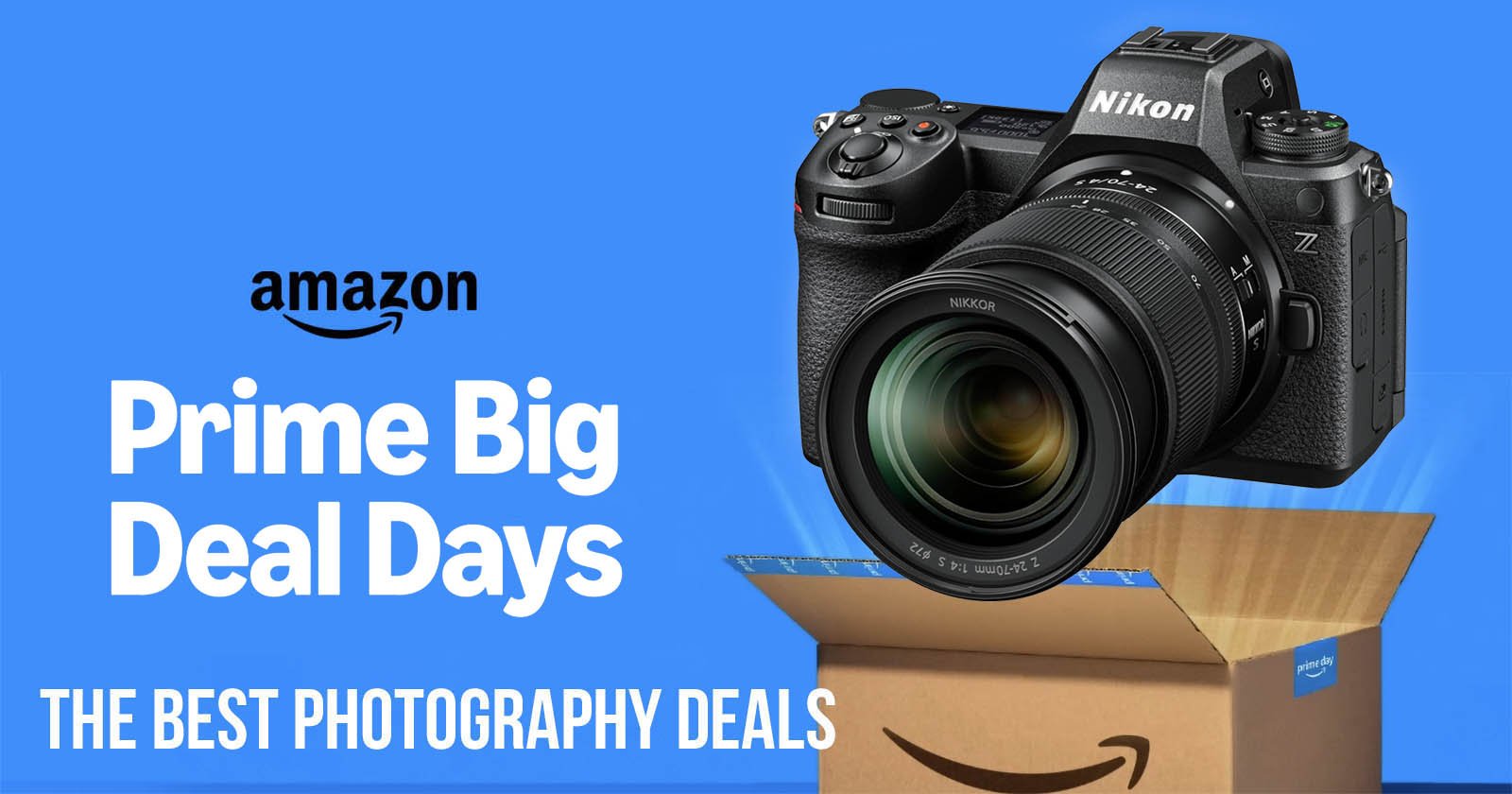 A Nikon camera hovers above an open Amazon box on a blue background. Text reads, Amazon Prime Big Deal Days. The best photography deals.