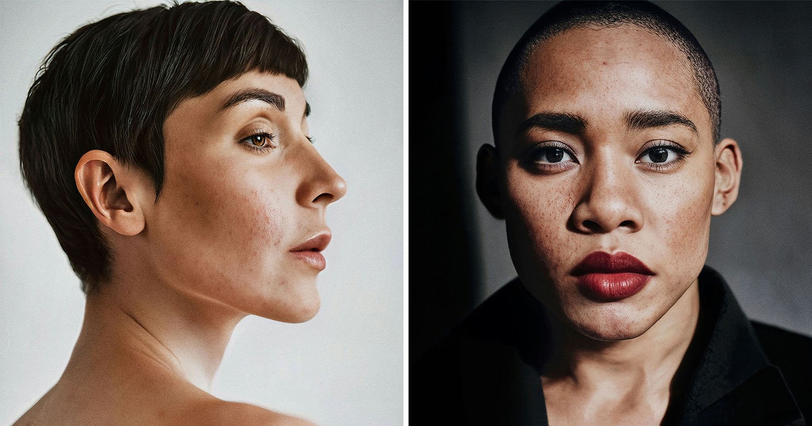 Side-by-side portraits of two women: the first with short dark hair in profile view, and the second facing forward, with very short hair, wearing a black coat.