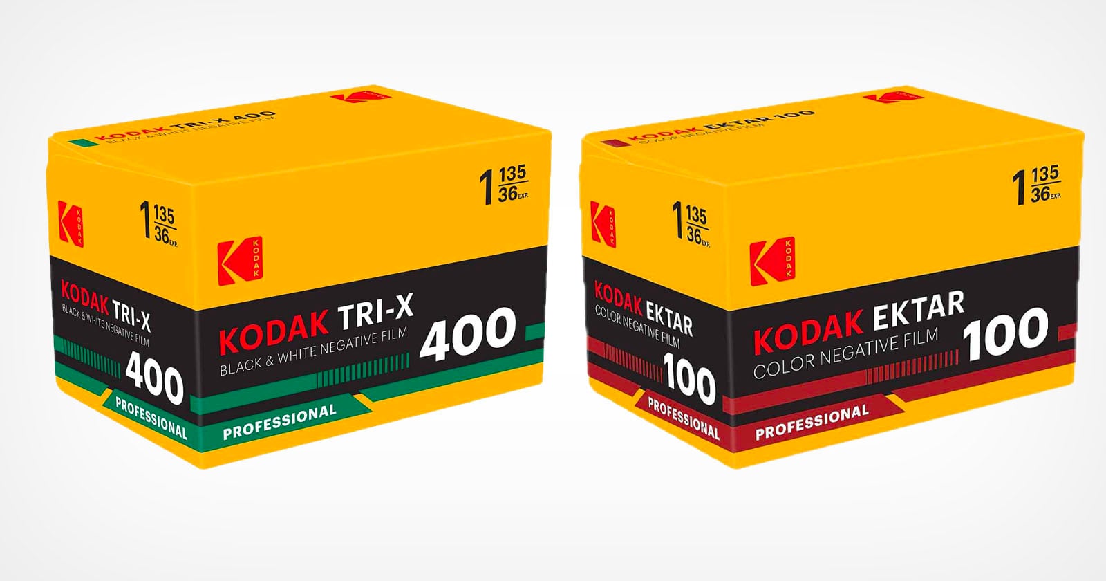 Two Kodak film boxes: one yellow and green labeled Kodak TRI-X 400 for black & white film, and one yellow and red labeled Kodak Ektar 100 for color negative film. Both are marked professional.