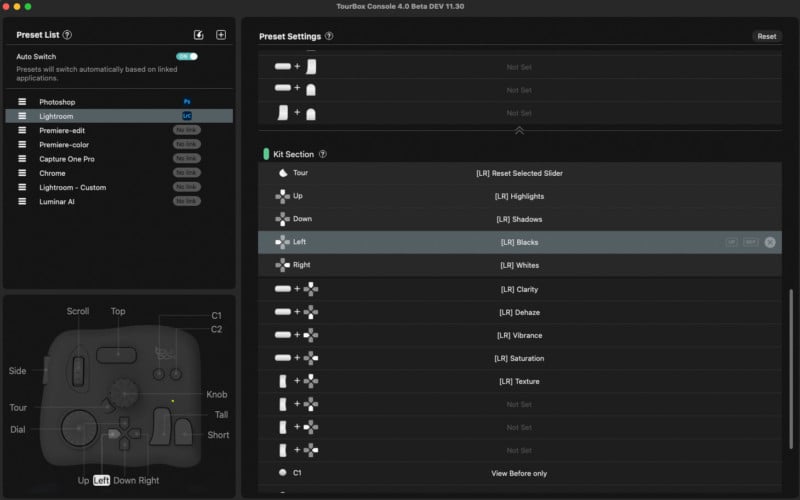 Tourbox Preset Menu for Lightroom