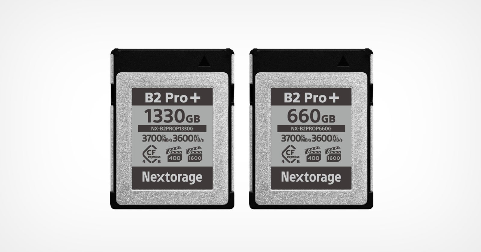 Two Nextorage B2 Pro+ memory cards are shown side by side. The left card has a capacity of 1330GB, and the right card has 660GB. Both display speed ratings of 3700 MB/s read and 3600 MB/s write.