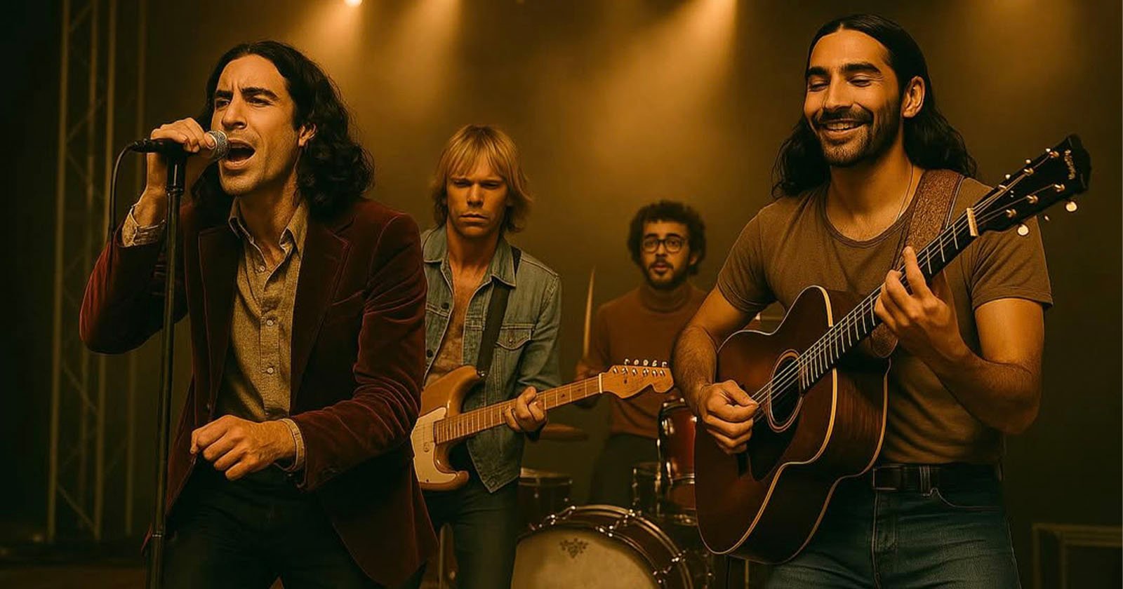A four-member band performs on stage; the lead singer holds a microphone, a guitarist plays electric guitar, a drummer is in the background, and another musician plays acoustic guitar, all under warm stage lighting.