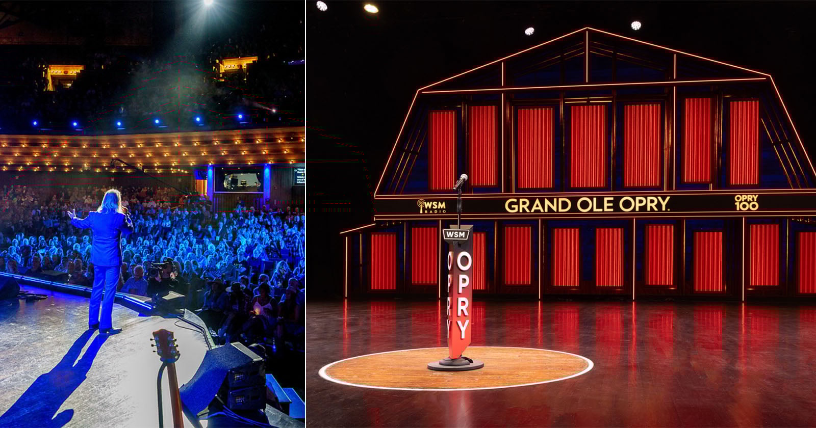 A performer addresses a large, seated audience on a brightly lit theater stage; adjacent is a close-up of the Grand Ole Opry stage with a signature red and white podium and illuminated barn backdrop.