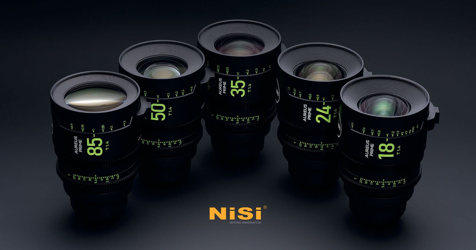 Five NiSi camera lenses in a semicircle arrangement on a dark background, featuring focal lengths of 85mm, 50mm, 35mm, 24mm, and 18mm. The brand name NiSi is displayed in orange at the bottom center.