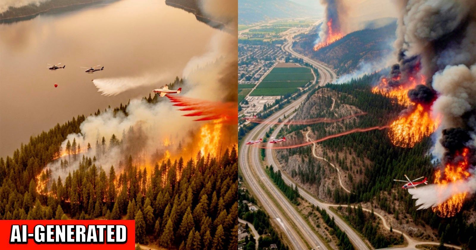 Side-by-side images of helicopters and planes dropping water and fire retardant on large wildfires burning through dense forests near roads and a city. Smoke billows into the sky. The image is labeled AI-GENERATED.
