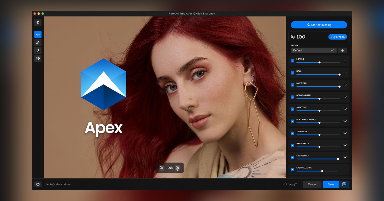 A digital photo editing interface displays a portrait of a woman with red hair and gold earrings. Editing sliders are visible on the right, and the word Apex with a blue geometric logo appears on the left.
