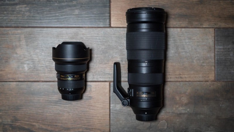 A 14-24mm lens next to a 200-500mm lens