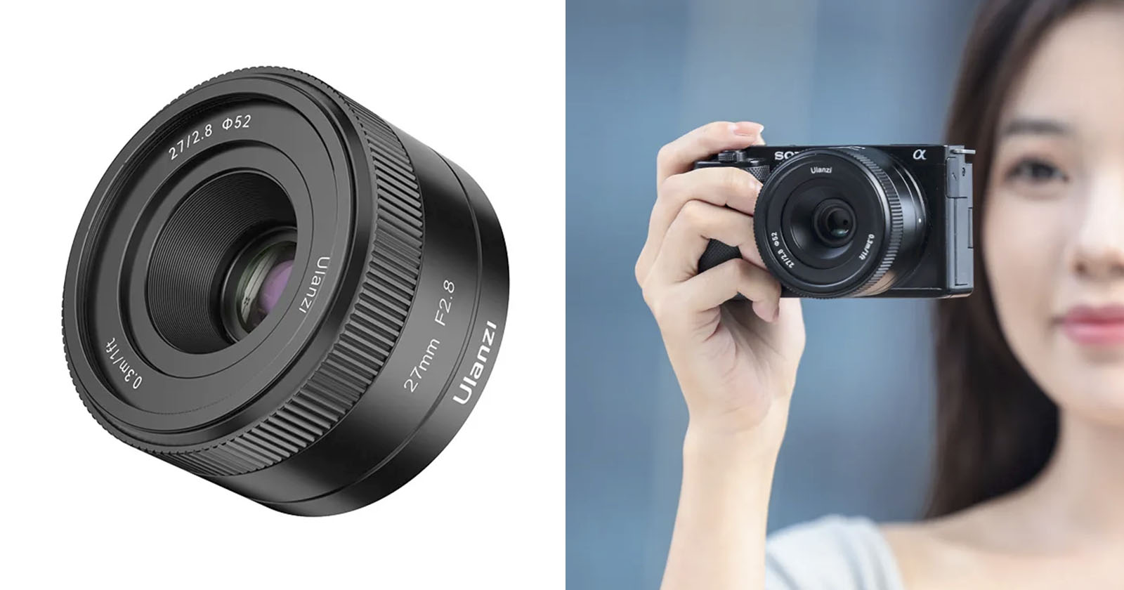 On the left, a close-up of a 27mm F1.8 camera lens by Ulanzi. On the right, a person with long hair is holding a camera with the same lens attached, ready to take a photo. The background is blurred.