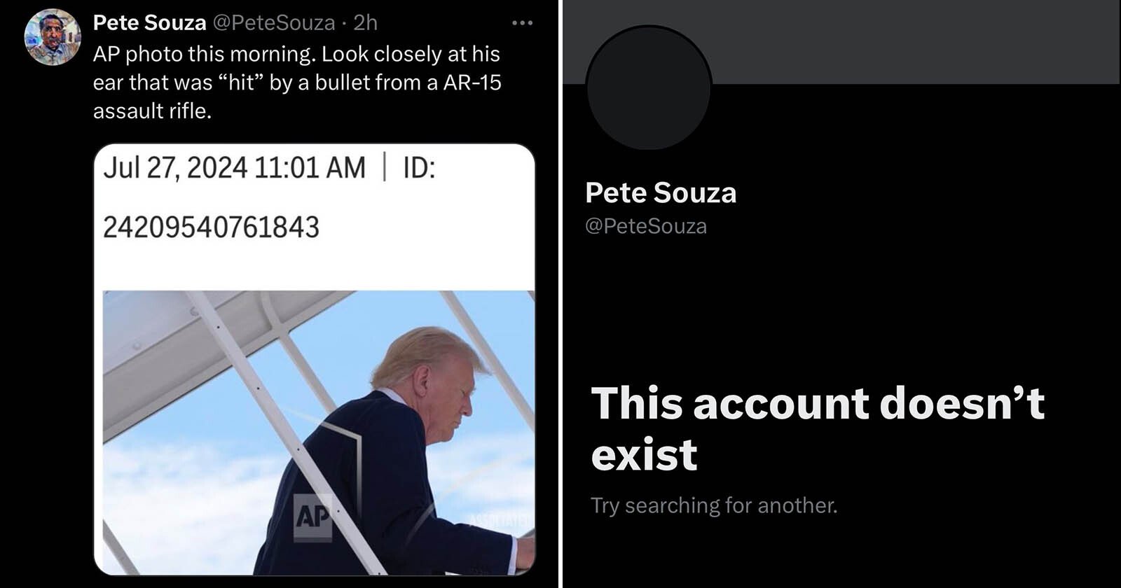 A tweet from Pete Souza contains an image of a man walking up the steps of an aircraft, with a red spot near his ear and a timestamp of July 27, 2024. The account appears deactivated, shown by the This account doesn’t exist message.