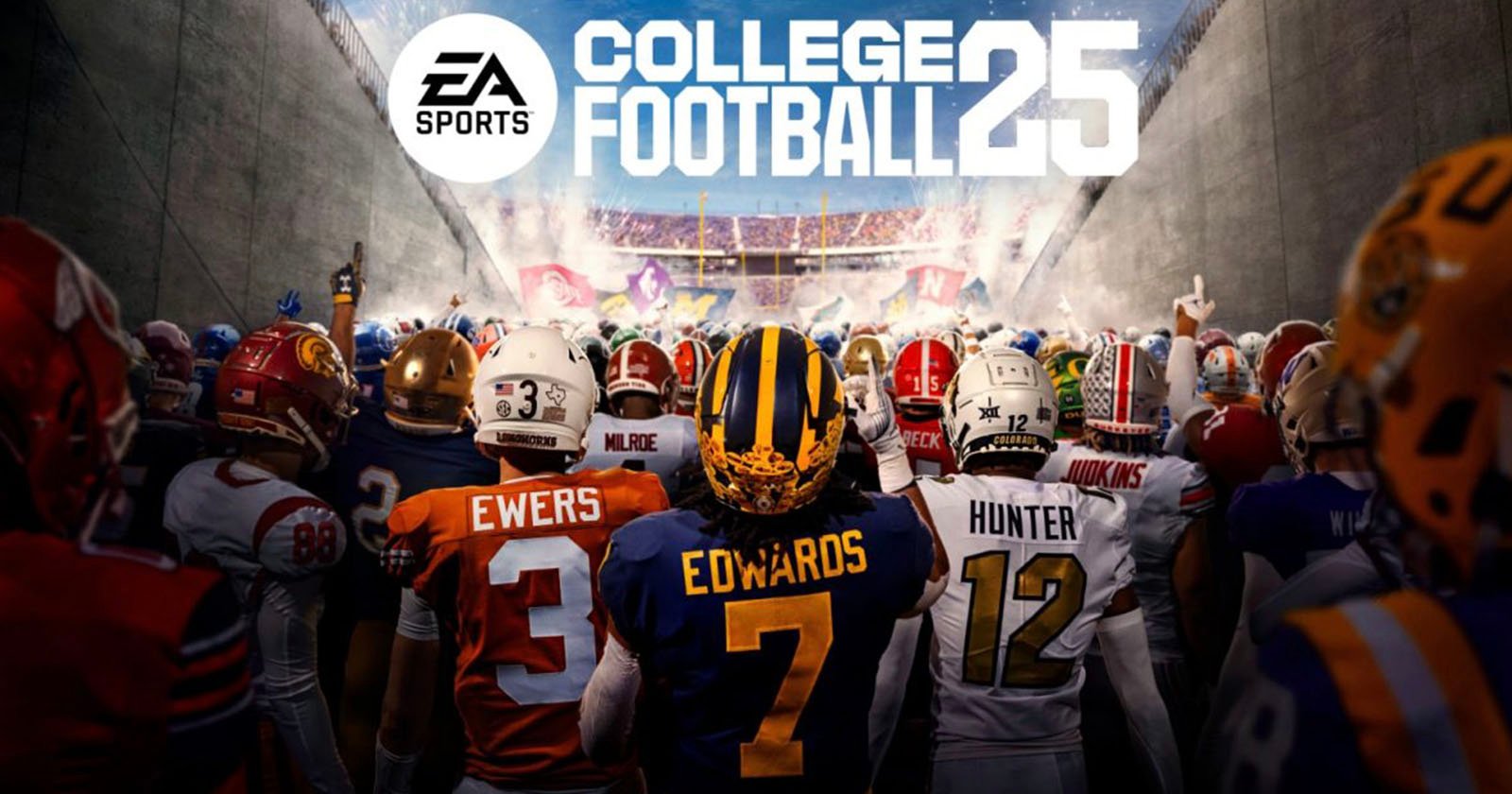 A group of college football players from various teams walk through a tunnel toward the field, with their backs facing the camera. The screen displays the text EA Sports College Football 25 at the top. The stadium and cheering crowd are visible in the background.