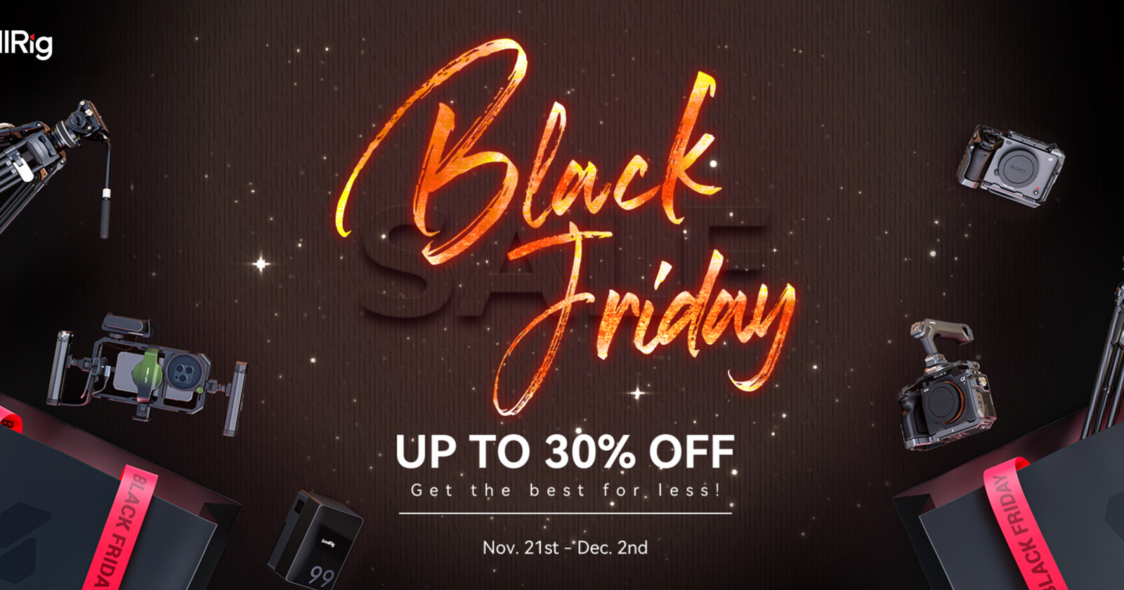 Black Friday sale banner by SmallRig, featuring photography equipment arranged around text. The text reads Black Friday in glowing script and Up to 30% off. Get the best for less! Nov. 21st - Dec. 2nd.