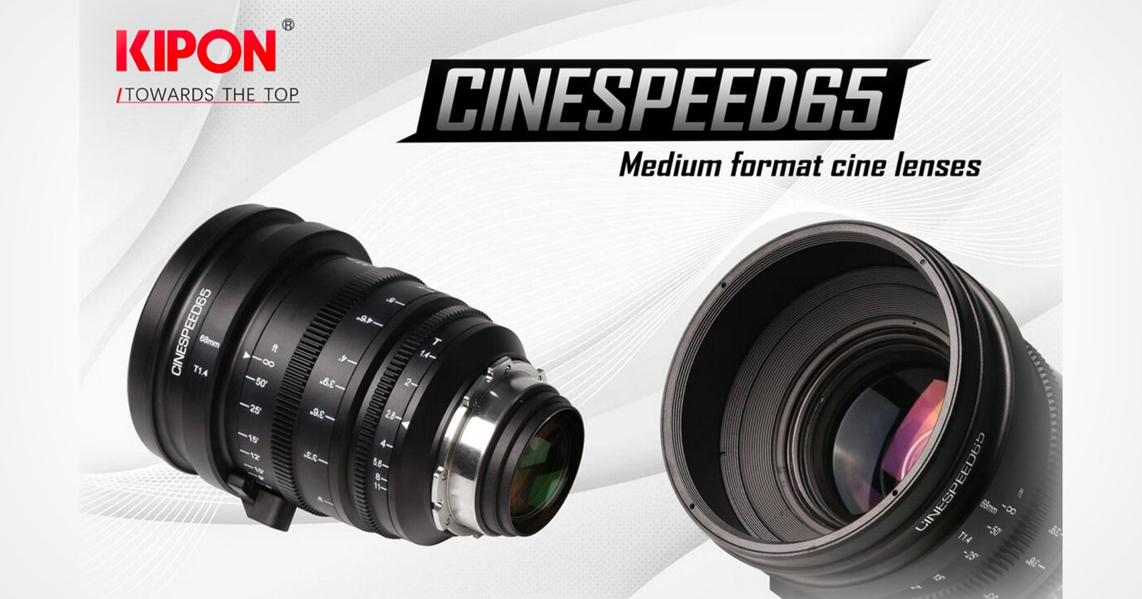 Image showcasing two CINESPEED65 medium format cine lenses by Kipon. The lenses are displayed against a white patterned background, with KIPON and the tagline Towards the Top visible in the top-left corner.