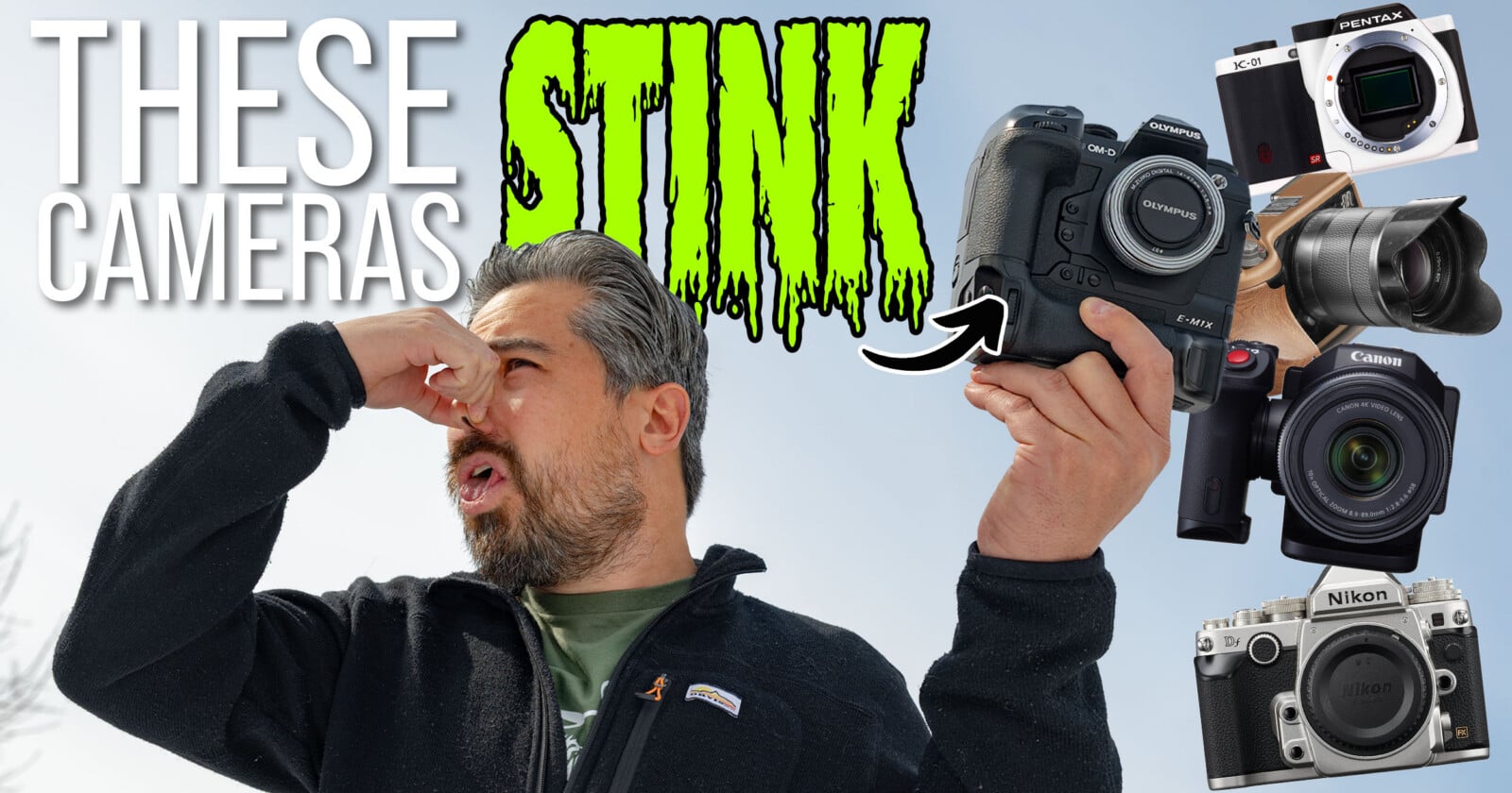 A man holds his nose in disgust while holding a camera. Large text reads These Cameras Stink, surrounded by images of various cameras and camera lenses on a bright background.