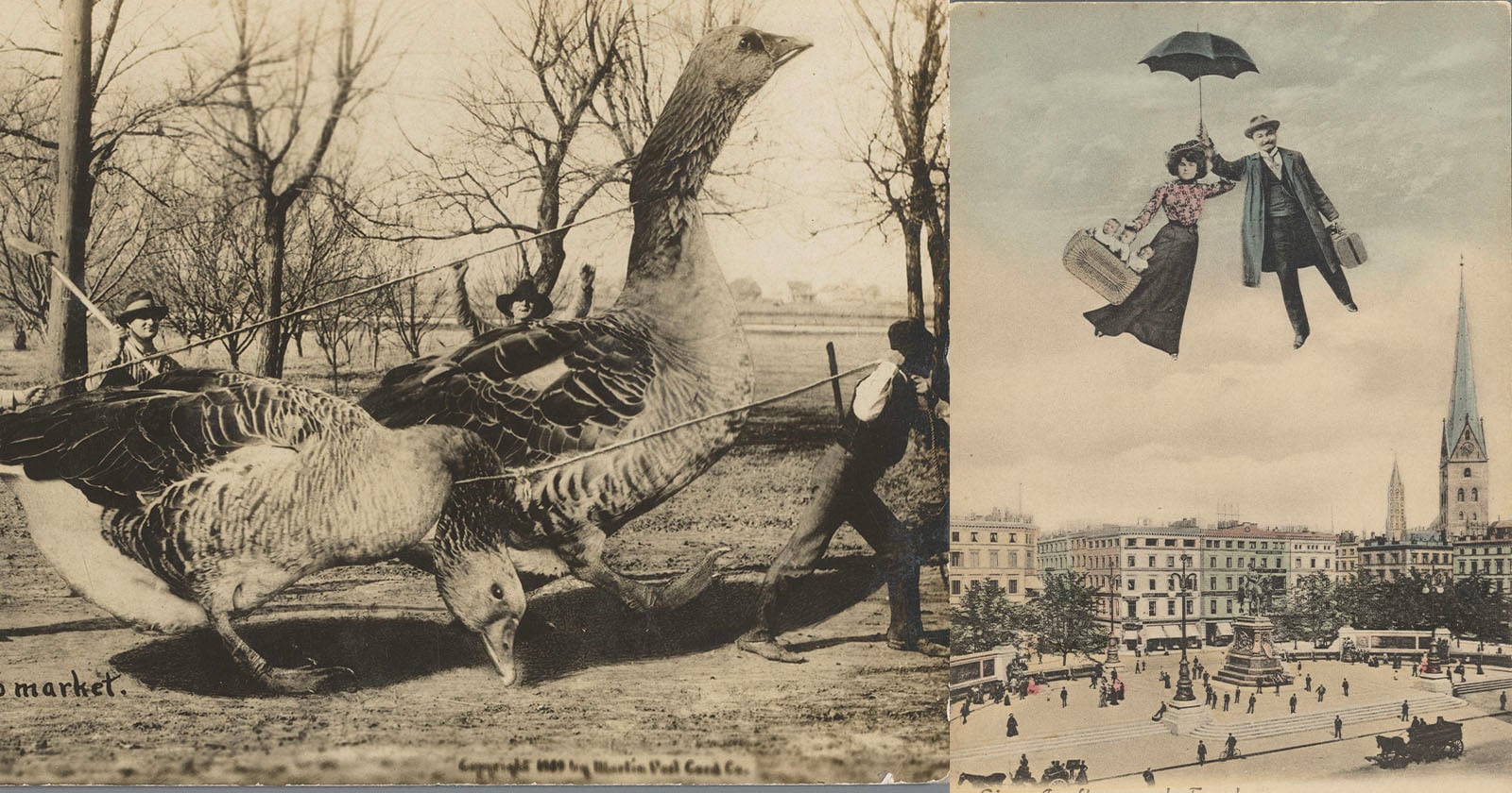 A vintage collage shows people riding giant geese in a field on the left, while a man and woman float above a city with an umbrella and suitcases on the right.