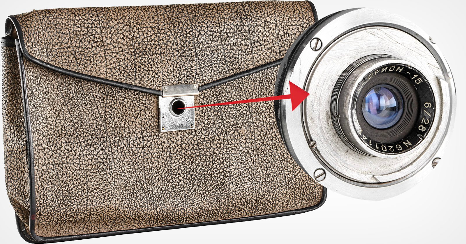 A vintage, textured brown handbag with a hidden camera lens revealed behind a flap, highlighted by a red arrow pointing from the bag’s clasp to the close-up of the camera lens.