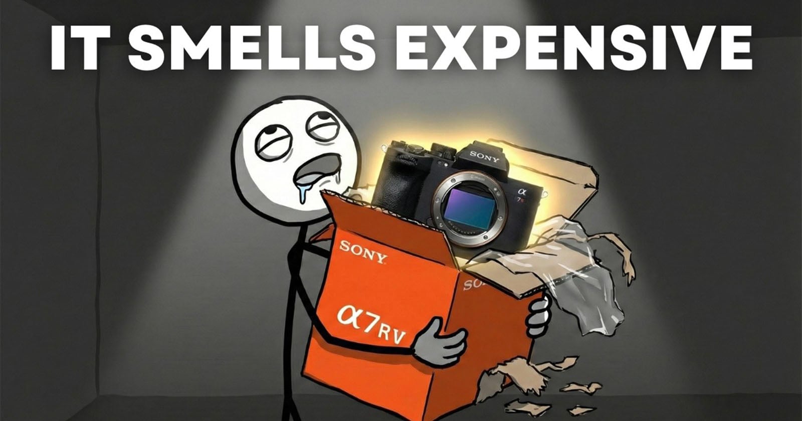 A cartoon character drools while holding a glowing Sony α7R V camera box, surrounded by torn packaging. Large text above reads, IT SMELLS EXPENSIVE.