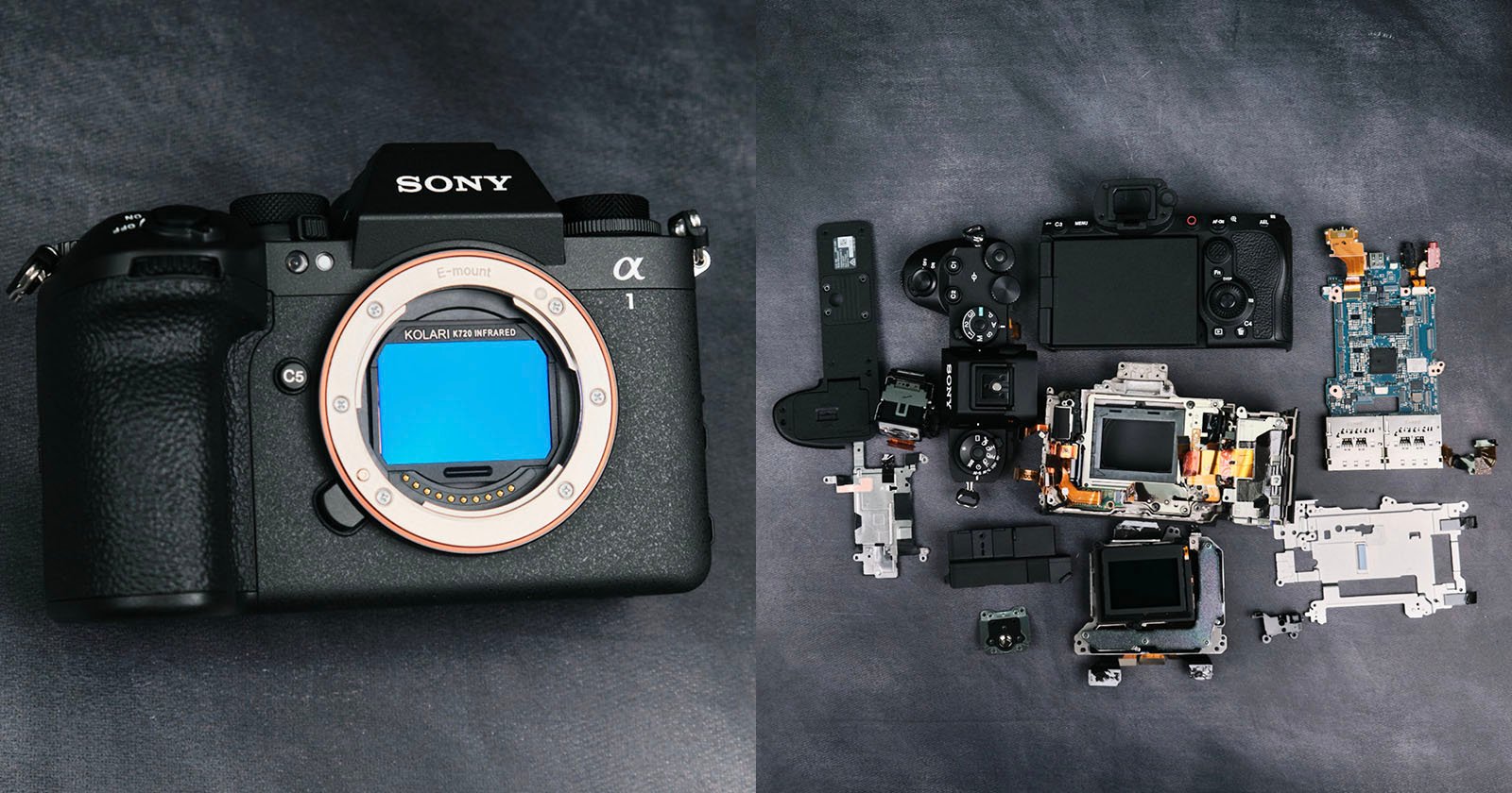 On the left, a Sony Alpha camera body is shown. On the right, the same camera is fully disassembled, with its internal components laid out neatly on a dark surface.