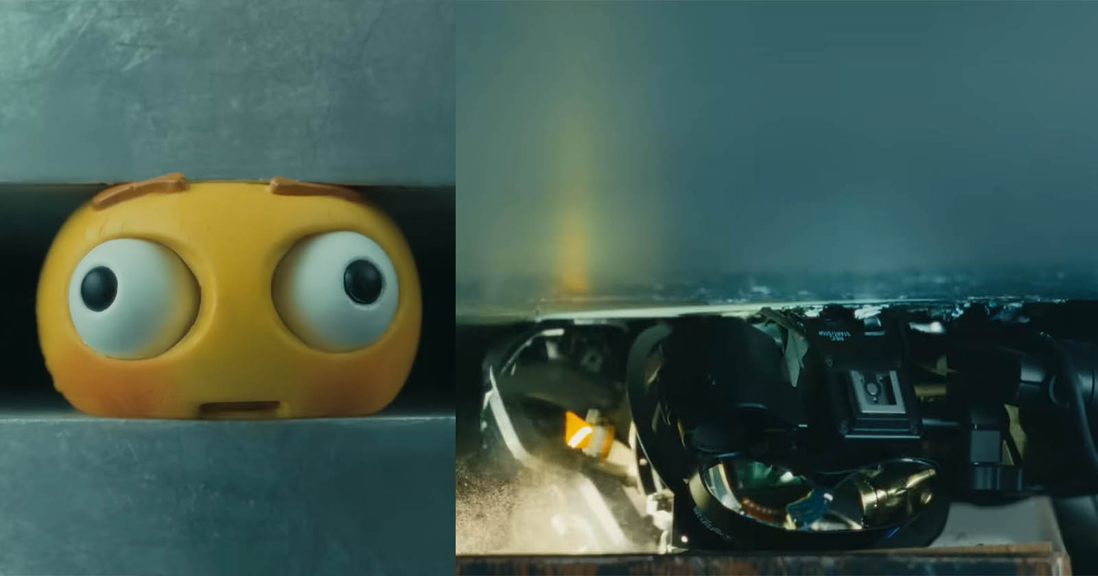Split image: On the left, a toy robot with large eyes peeks over a shelf. On the right, a broken camera lies amidst blurred urban surroundings.