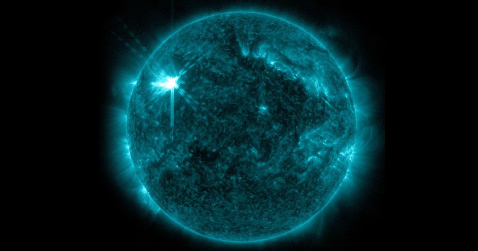 The sun is captured with a subset of extreme ultraviolet light to highlight the solar flare.