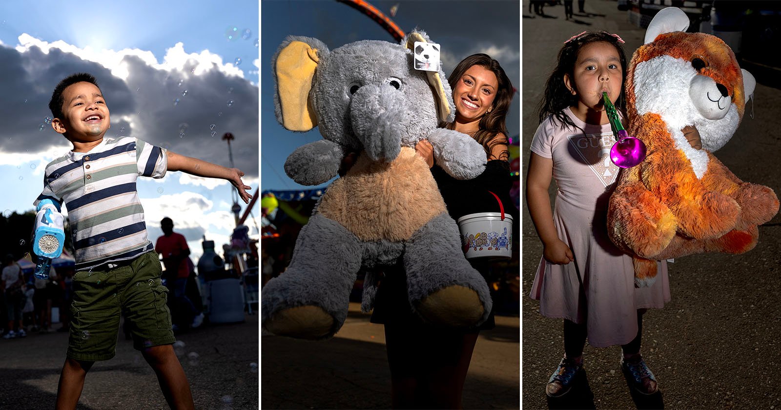 Three photos: A boy plays with bubbles outdoors; a smiling woman holds a giant elephant plush toy at a fair; a girl blows a party horn while holding a large stuffed hamster.