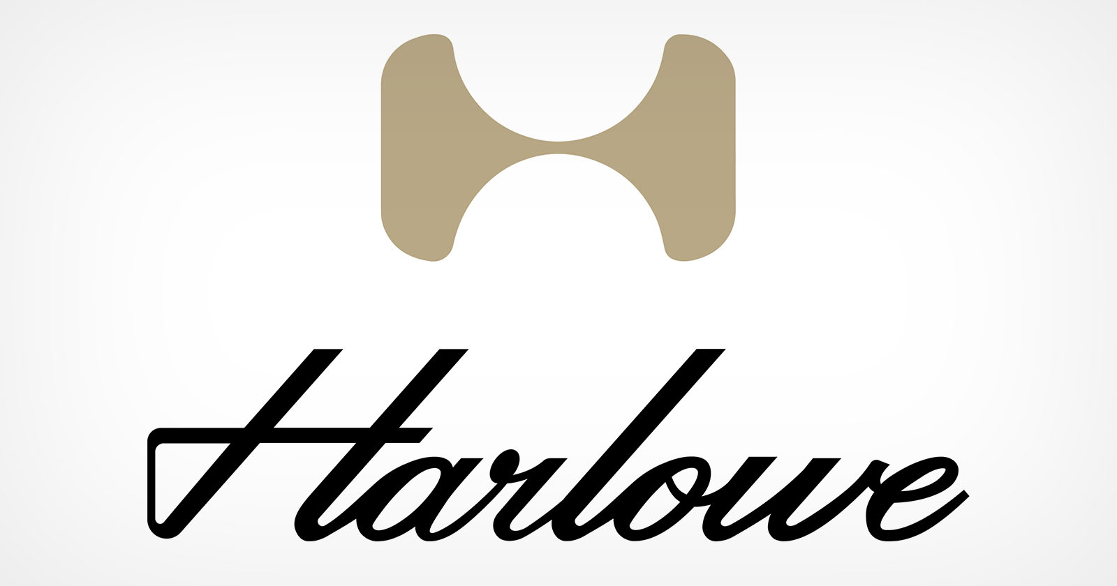 Gold abstract H symbol above the black cursive text Harlowe on a white background.