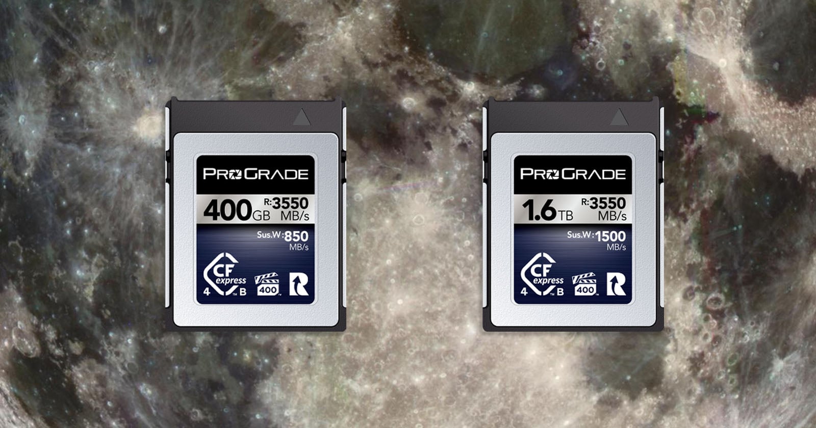 Two ProGrade CFexpress memory cards, one with 400GB and one with 1.6TB capacity, are shown side by side against a space-themed background featuring a detailed view of the moon.