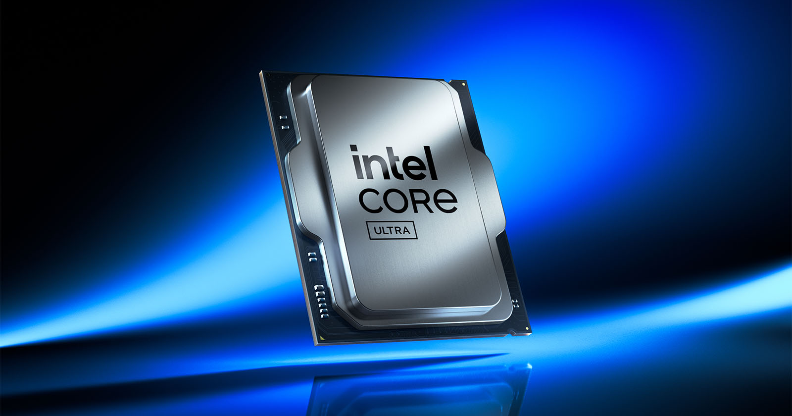 A silver Intel Core Ultra processor chip is displayed against a blue and black gradient background. The intel CORE ULTRA branding is prominently visible on the surface of the chip.