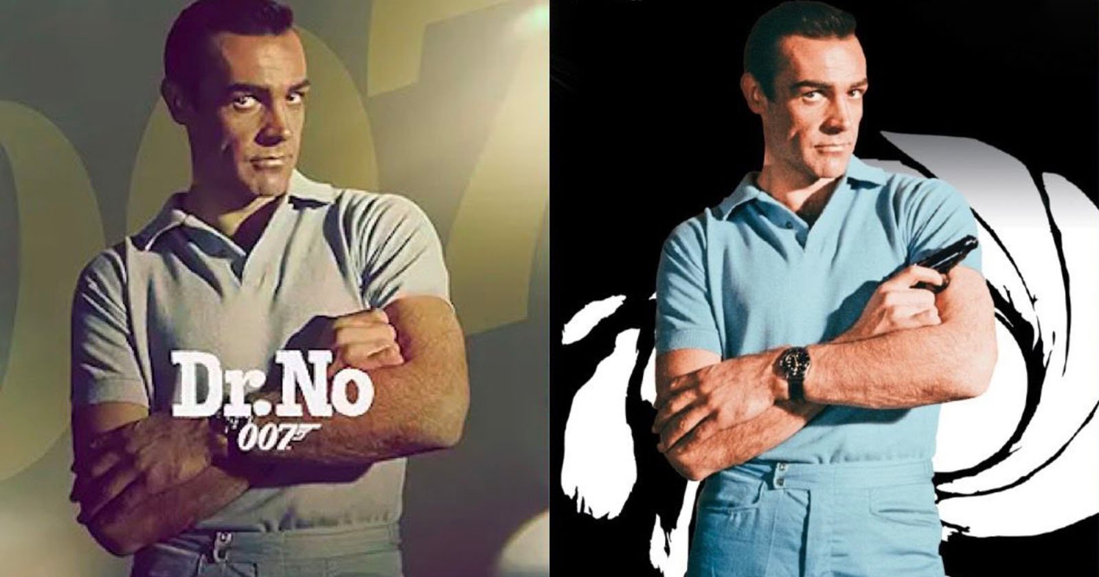 A man in a light blue polo stands with arms crossed, looking confident. On the left, the background is gold with Dr. No 007 text. On the right, the background is black and white with a stylized gun barrel design.