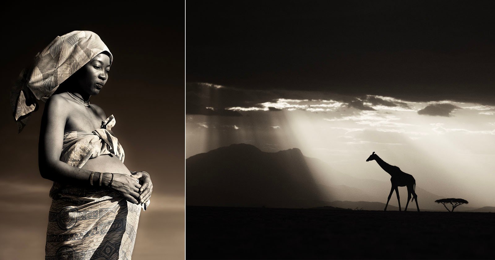 On the left, a pregnant woman in traditional African attire gazes down. On the right, a silhouette of a giraffe walks in a vast landscape with sunbeams piercing through clouds, creating an ethereal scene.