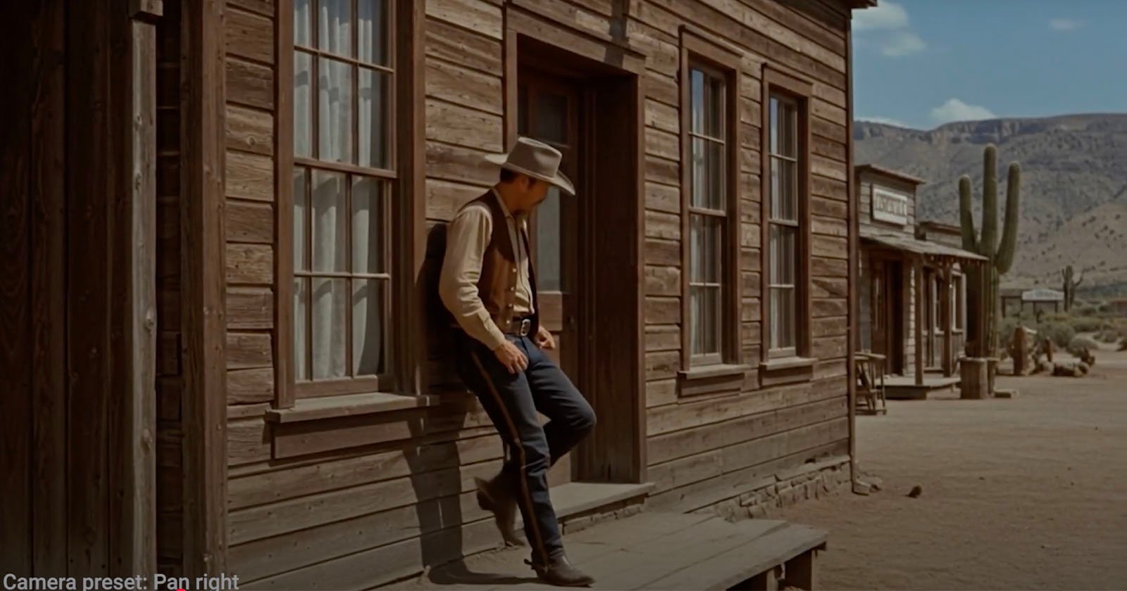 A person in a cowboy hat leans against a wooden building in a western town setting. The scene includes other wooden structures, a dirt street, and a large cactus under a blue sky.