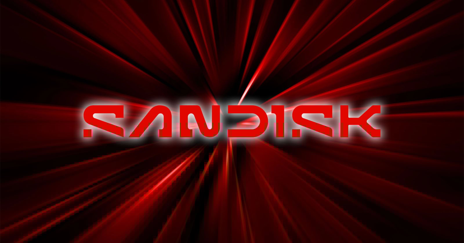 A digital graphic featuring the word SanDisk in bold, futuristic white letters with a red and black rays background emanating from the center, creating a dynamic and energetic effect.